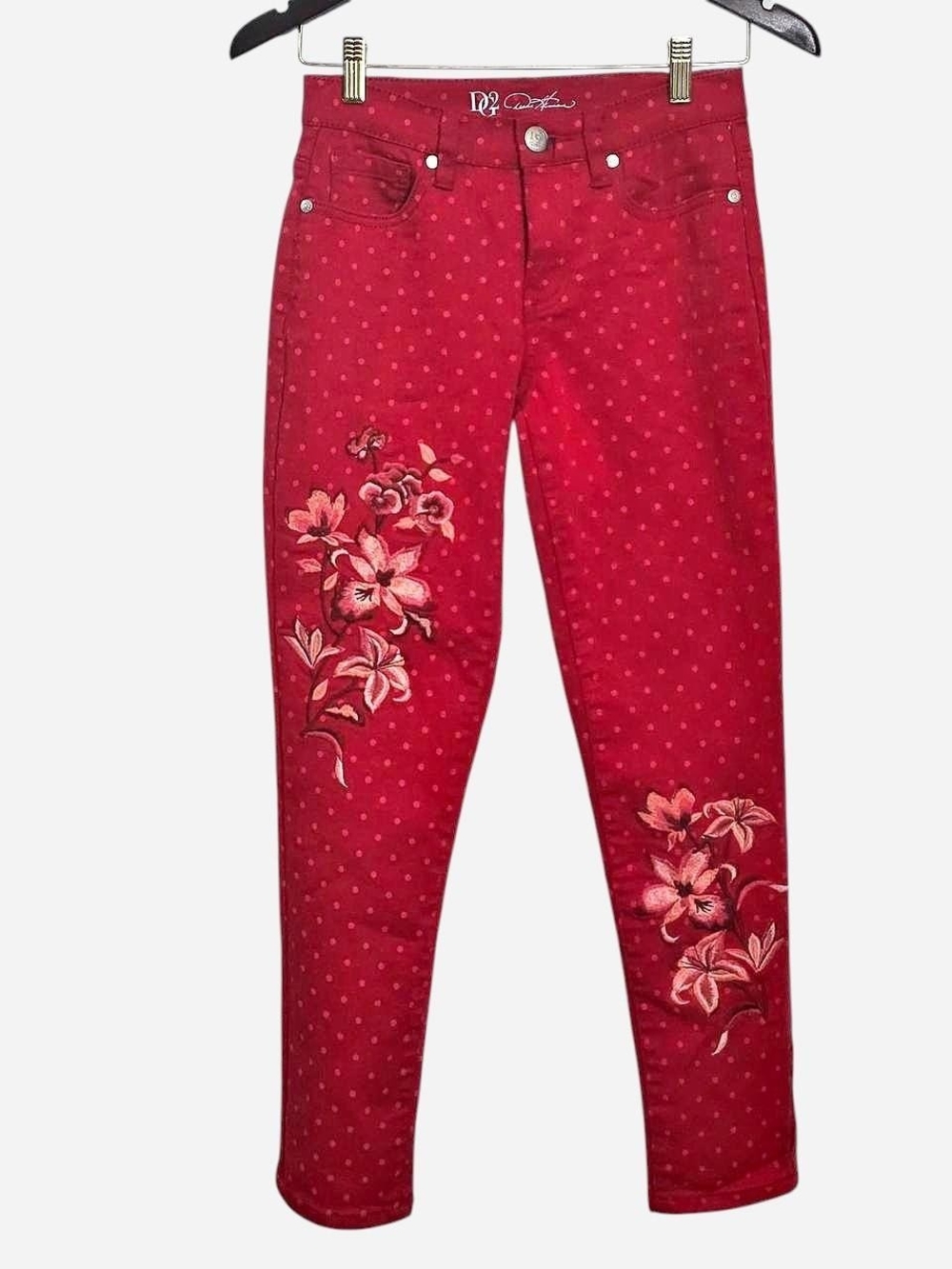 DG2 Diane Gilman Red Floral Embroidered Polka Dot Skinny Jeans 2P 2 Petite